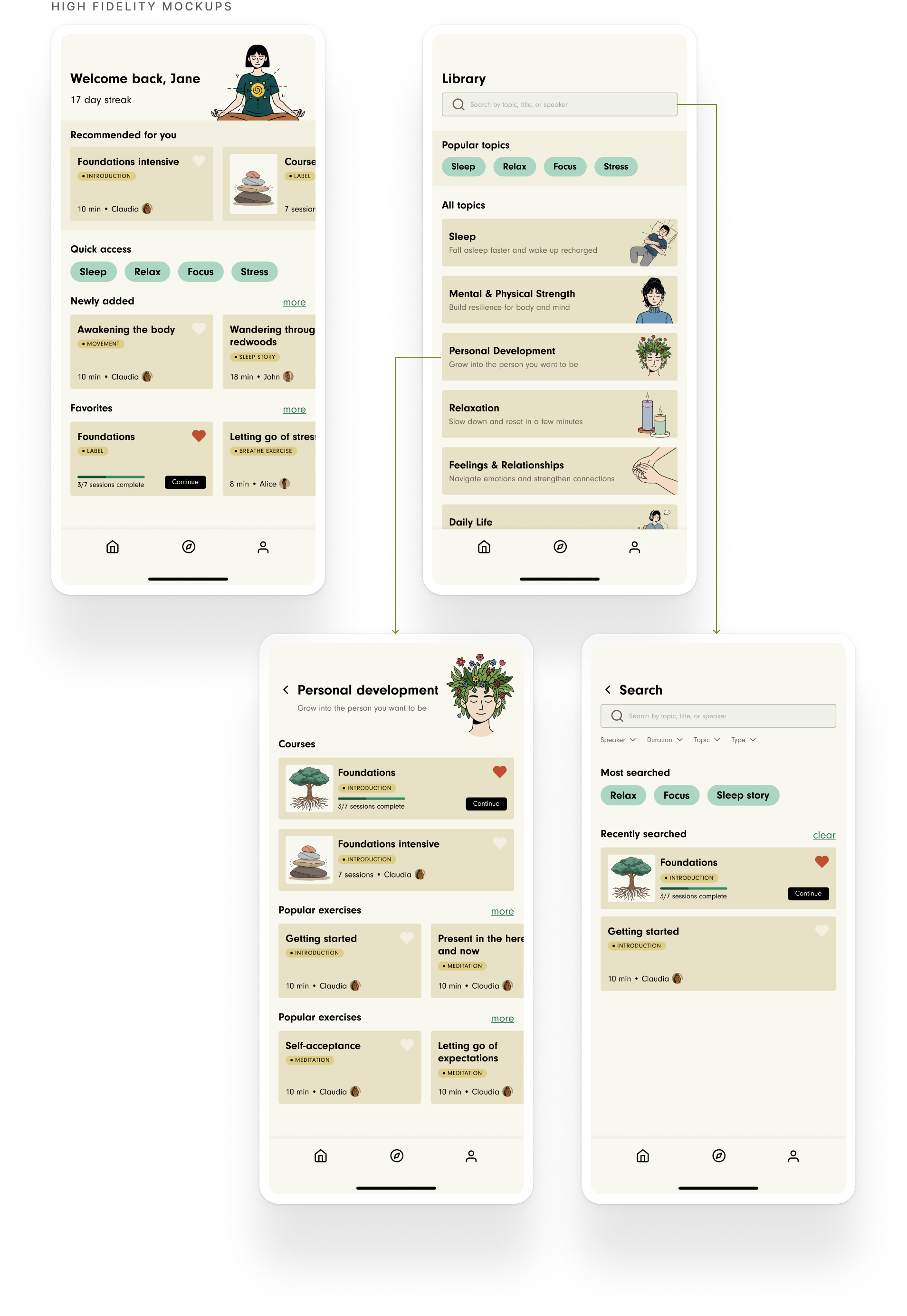 Four hi-fi screens: Home with recommended sessions and quick-access pills, Library's topic list, a Personal Development topic detail, and Search with filters and recently searched